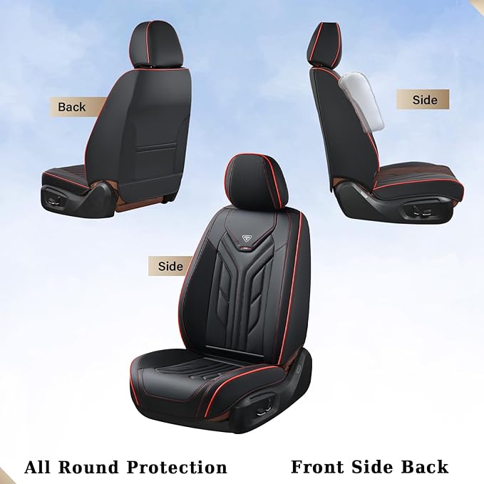 Coverado Seat Covers, Car Seat Covers Full Set, Leather Seat Covers for Cars, Automotive Seat Covers Car Seat Protector Car Accessories Fit for Most Sedans SUV Pick-up Truck(Black&Red)