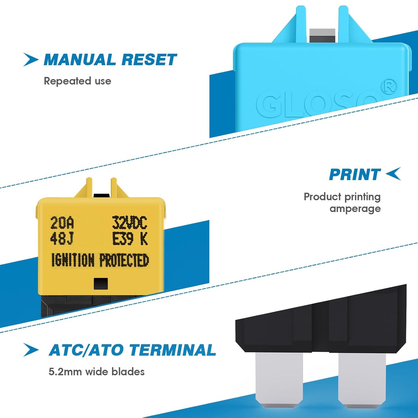 GLOSO Circuit Breaker E39 (T3) Manual Reset Fuse For Car Truck RV Automotive Marine Boat Trolling motor & Custom Wiring Audio battery protection/Low Profile ATC/ATO (6A - 3 Pack)