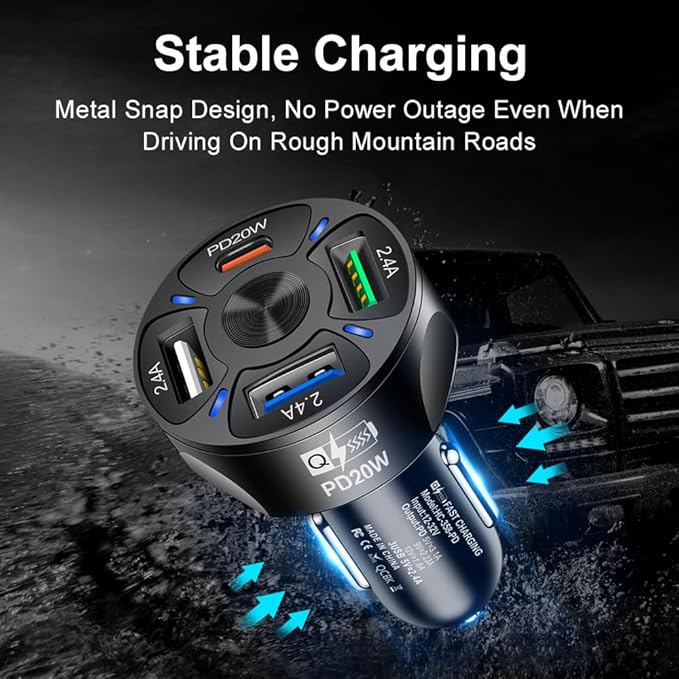4 Port USB Fast Charging Cigarette Light Car Charger 3 * 2.4 A USB/ 1 PD20W LED Light Compatible with Tablets Cameras iPhone 14 13 12 11 Pro Max X XR XS Samsung Galaxy Series Google Pixel (White)