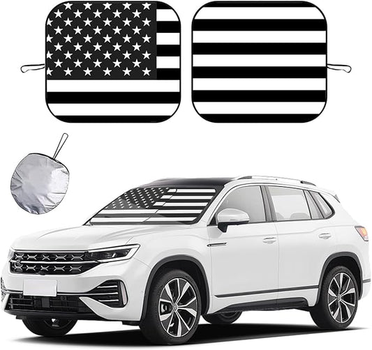 Ziciner 2 PCS Car Windshield Sun Shade, Auto Sun Heat and UV Rays Blocker, 28"×31" Foldable Automotive Front Window Sunshade Protector, Universal Vehicle Interior Accessories (Black Flag-M)