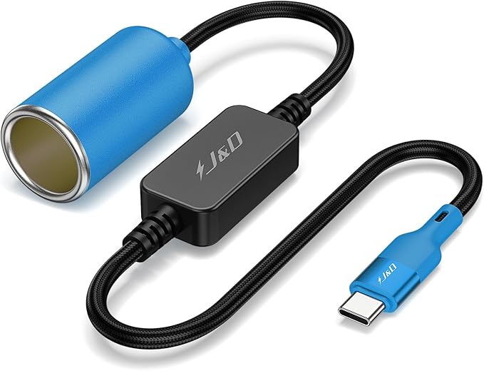 J&D USB C Male to 12V Car Cigarette Lighter Socket Female Converter Cable, 12V 18W Power Cable for Dash Cam, GPS, Car LED Light Strips, Blue, 5 ft
