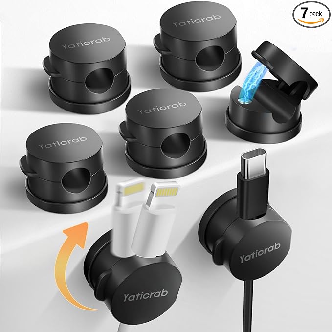 Magnetic Cord Holder for Desk & Nightstand, 7-Pack 360° Rotatable Cable Clips Organizer, Strong Adhesive, Fits 8mm Slots for Phone Charger Cords & Wires, Black