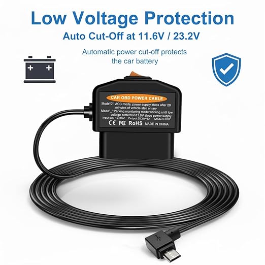 OBD2 Power Cable for Dash Camera, Micro OBD Adapter with 24-Hour Parking Mode, Acc Mode, Low Voltage Protection, 11.48FT Cable for Dash Cams, GPS, DVR, and More, 12V-36V to 5V/3A