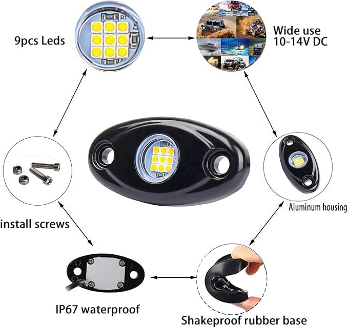 Red LED Rock Lights, 4 Pods Neon 12V Waterproof Underglow Underbody Kit Crawler Crawling Dome Exterior Wheel Lights for ATV RZR UTV SUV Off-Road Auto Boat Motorcycle Glow Trail Rig Fender Lamp