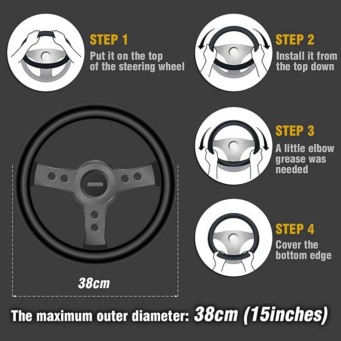 ZHOL Car Steering Wheel Cover Universal 14 1/2"-15" Leather Carbon Fiber Anti-Slip Car Accessories, Black