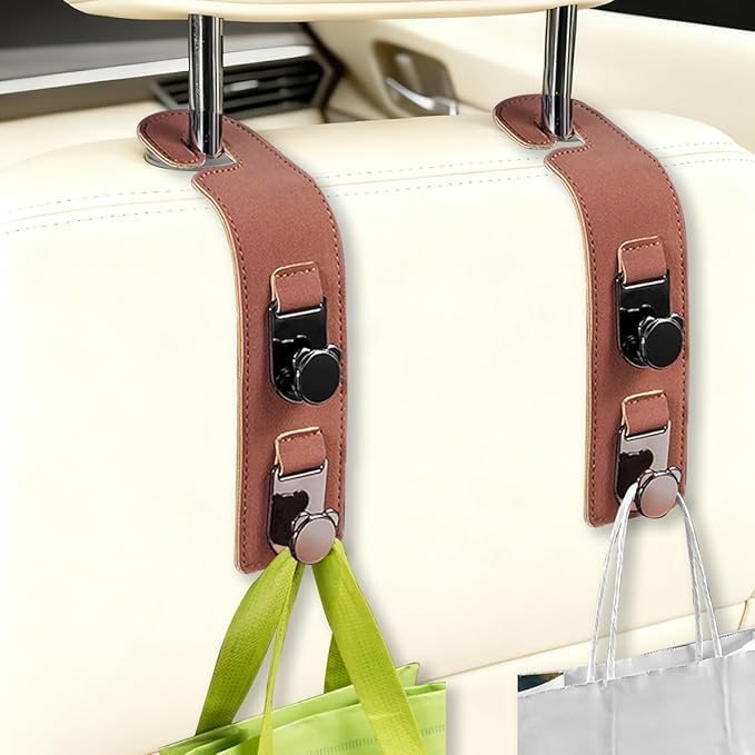 HZEL 2PCS Car Seat Headrest Hooks, Dual Hook Suede Vehicle Backseat Storage Holder for Purse Handbag Coat, Multifunctional Auto Seat Back Grocery Hanger Organizer, Universal for Vehicles (Brown)