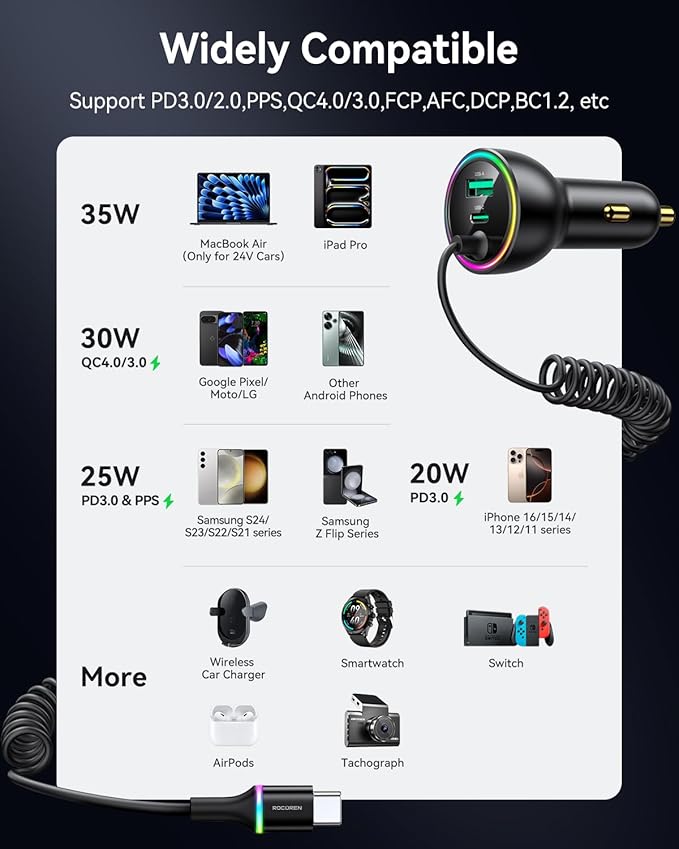 Rocoren 70W Car Charger for iPhone 17 Pro Max, USB C Car Charger Fast Charging with 5.2Ft Type C Coiled Cable, Super Fast USBC Phone Cigarette Lighter Adapter for iPhone 17/16/15, iPad,Samsung,Android