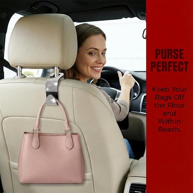 4PCS Bling Car Seat Headrest Hooks, Crystal Rhinestone Vehicle Back Seat Hanger Holder, Auto Interior Headrest Hanging Storage Organizer for Purse Handbag Coat, Universal Fit (Orange)