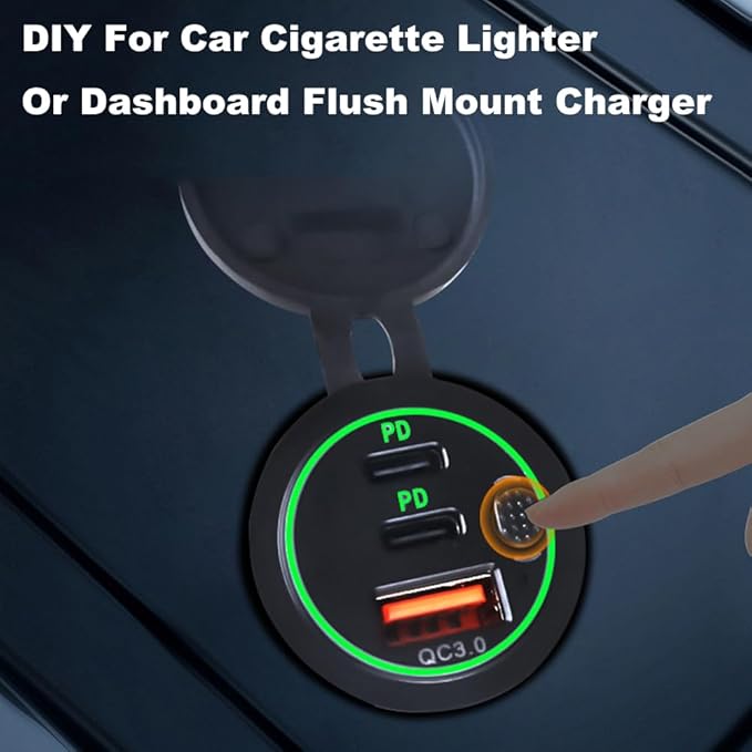 3 Ports 18W USB Car Charger with Switch, 12-24V QC 3.0 USB & Dual PD USB C Cigarette Lighter Socket Outlet, Dashboard Mount Quick Charge Charger for Car Motorcycle Truck Marine Boat (Blue)