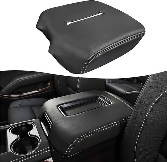 Center Console Cover Replacement for Chevy Silverado & GMC Sierra 1500 2500 3500 2014-2018, Vinyl Leather Upholstery, Anti-Scratch, Black-Gray Stitch (Fits Bucket Seat Console Only)