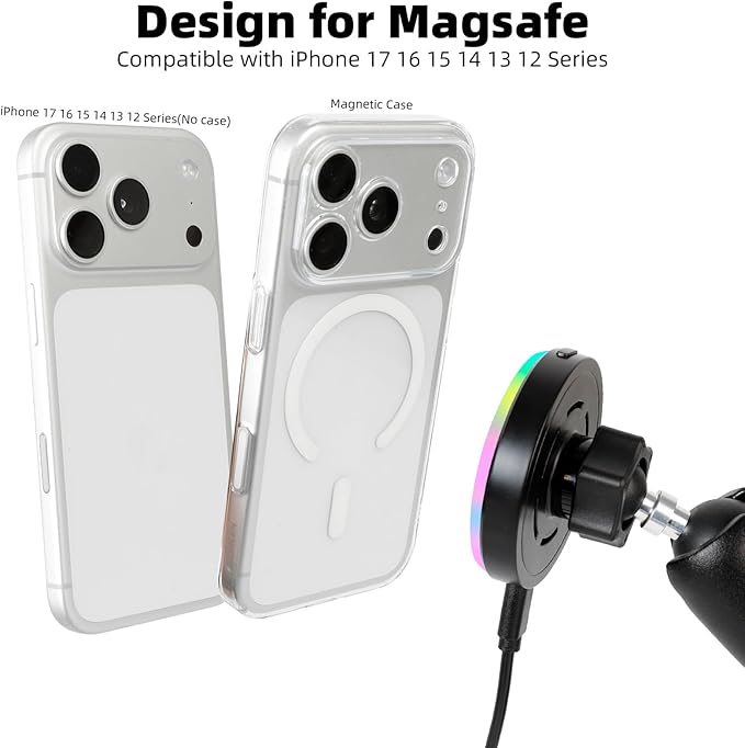 15W Magnetic Wireless Charging Phone Holder for RAM Mounts, 1" (25mm) Ball Mount for Magsafe iPhone 17/16/15/14/13/12 Series, Compatible with RAM B Size Double Socket Arm