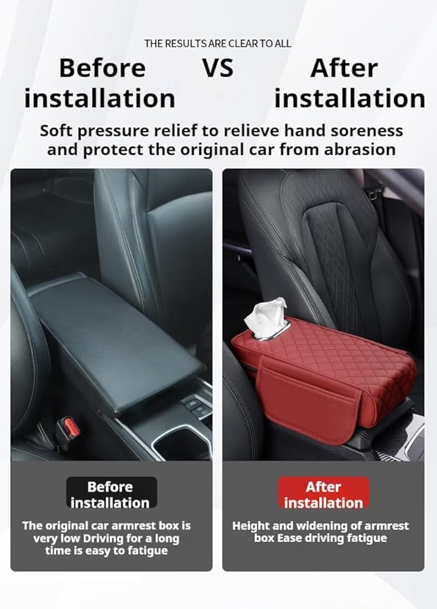 Center Console Cover Arm Rest Cover Cushion Leather Car Armrest Box Pad with Pocket and Tissue Box Auto Armrest Cover for Sedan Vehicle (Beige)
