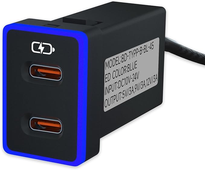 B&DOG XSIN Car Charger for Toyota USB C Dual Port Charger PD 3.0 Type C Fast Charging with LED Light Show,Compatible with Smart Phone,Tablet,and More. (Blue 1.3x0.9inch