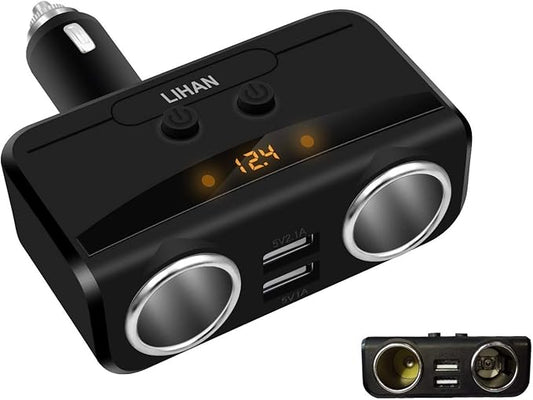 LIHAN 2 Socket Cigarette Lighter Adapter, Car Charger Plug Splitter with Dual USB Ports, 12V/24V Meter Monitor, Compatible with iPhone, LG, HTC, Samsung etc