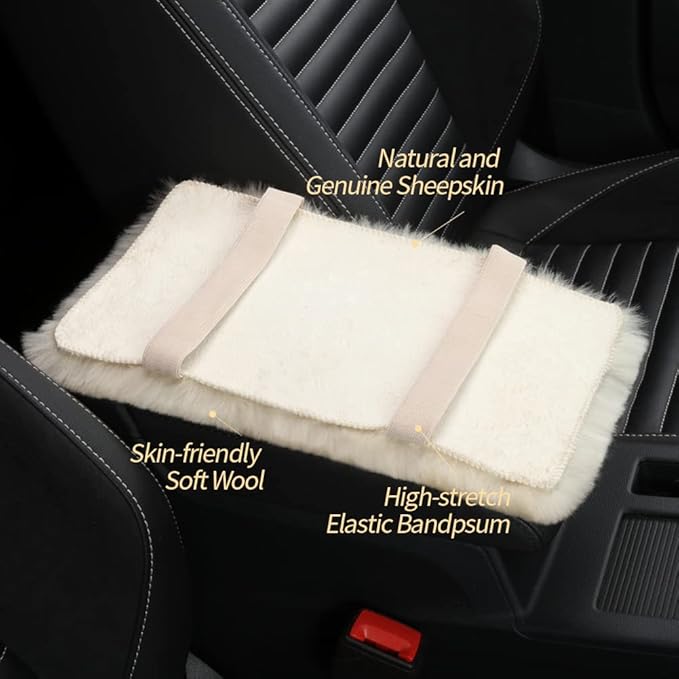 Sheepskin Armrest Cover Auto Center Armrest Cover Car Soft Console Pad, Fluffy Wool Auto Center Console Cover for Most Car Arm Rest Decoration Protector 7 x 13 Inch (Shearling, Khaki)