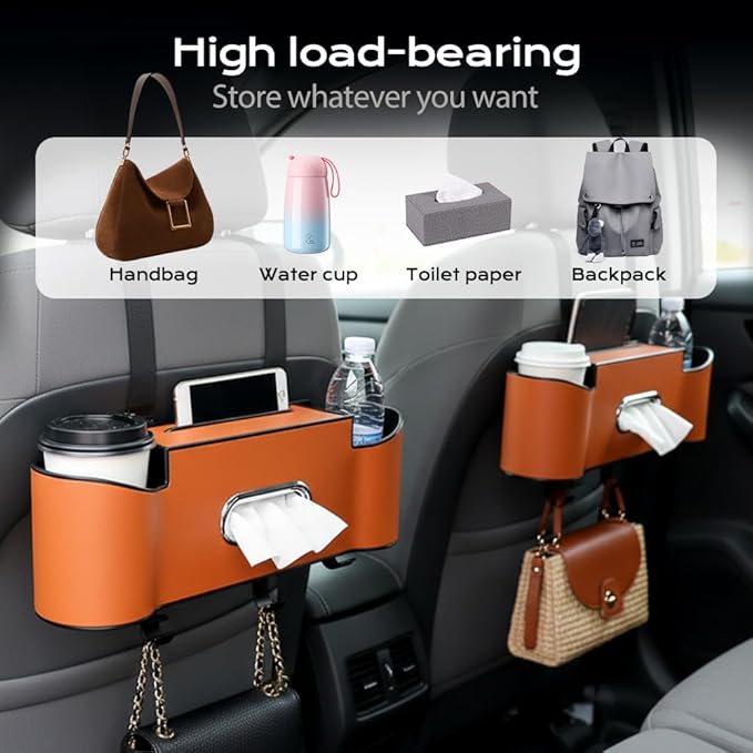 3-in-1 Car Backseat Organizer, 2026 New Multifunctional Back Seat Car Organizer with Cup Holder, Tissue Box, Trash Bin & Hooks for Hold Phones, Snacks, Drinks, Handbags (2, Orange)