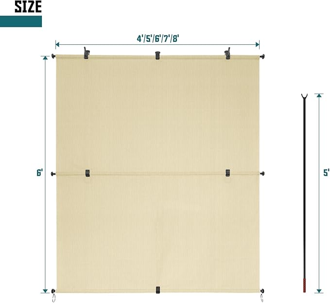 Bynbbur 8'W x 11'H Outdoor Patio Shades Foldable Roller Blinds, 220 GSM Sun Shade Roll Up Porch Screens Exterior Shade Cloth for Deck Pergola Backyard, Beige