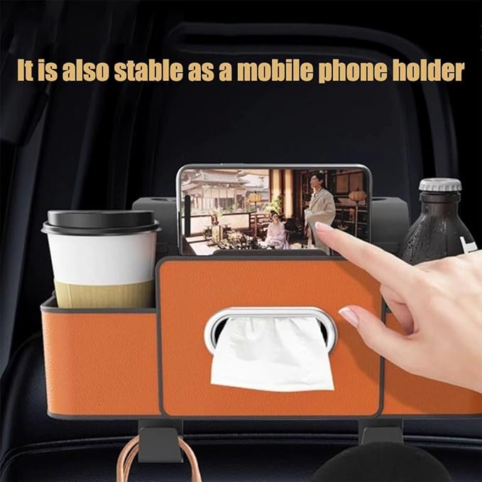 Car Multifunctional Seat Back Waterproof Storage Bag, Multifunctional & Waterproof Car Back Seat Organizer with 2 Cup Holders&Hooks, Hanging Storage Box for Most Cars (orange)