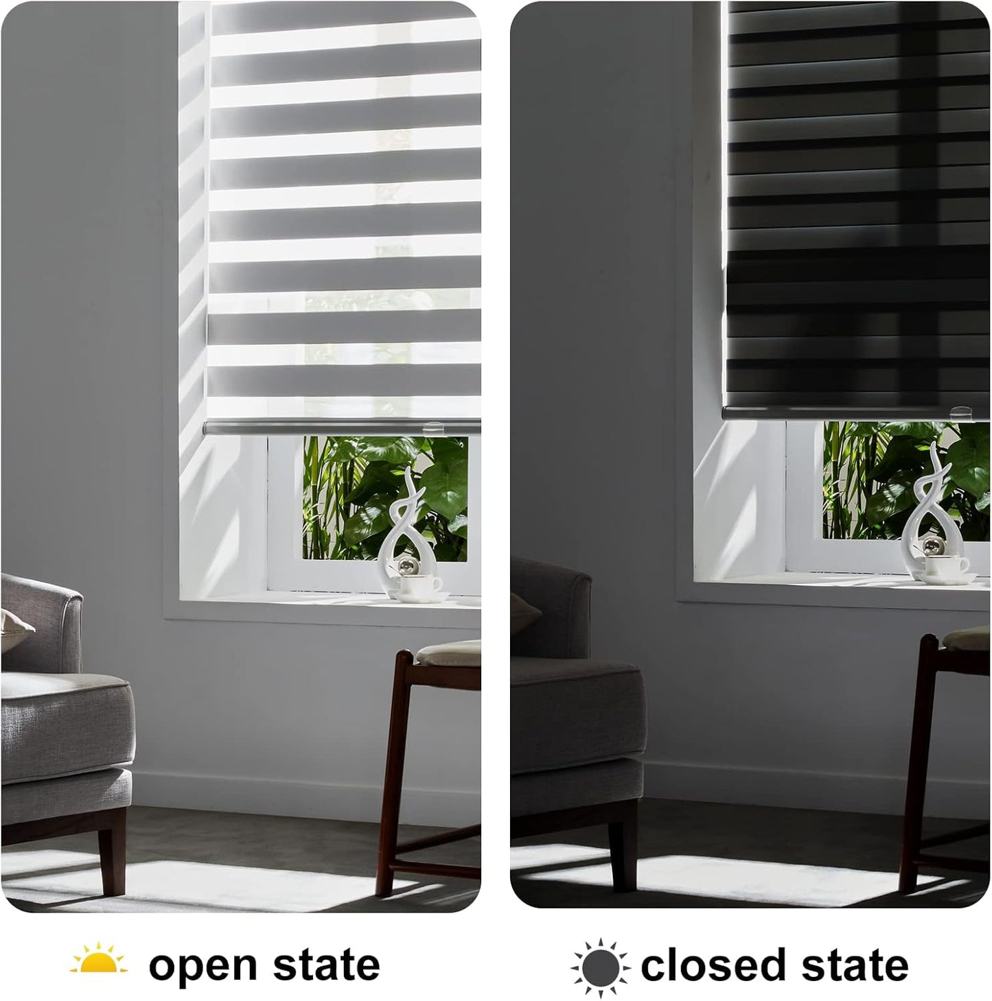 Persilux Cordless Zebra Blinds for Windows Free-Stop Roller Windows Shades (31" W X 47" H, Grey) Dual Layer Light Control for Day and Night, Light Filtering Sheer Shades for Home, Bedroom