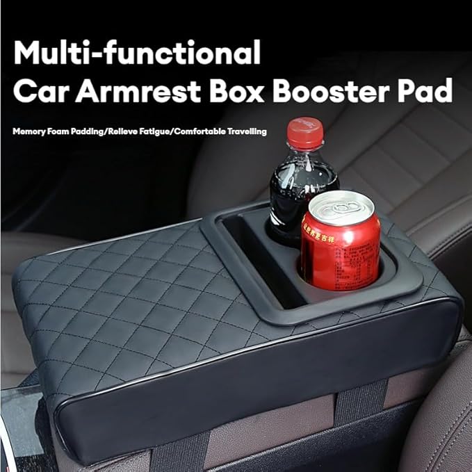 Center Console Booster Cover Car Armrest Box Pad Leather Arm Rest Cushion with Cup Holder Mobile Phone Storage Armrest Protection Pad for Car (Grid Coffee, 13.58 * 8.07 * 2.95 inch)