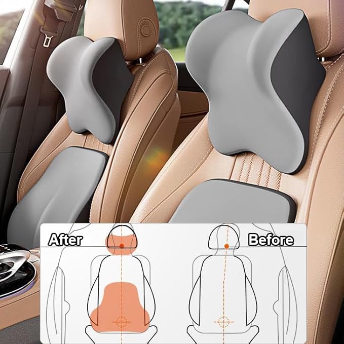 Car Headrest and Lumbar Support Cushion, Car Lumbar Support Pillow Car Neck Pillow Kit, Ergonomic Car Seat Headrest Pillow Lumbar Cushion with Adjustable Strap for Neck Back Pain Relief (Black)