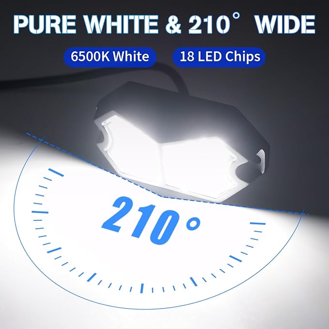 Led Rock Lights White 6 Pods 18LEDs 210 Degree Wide Angle IP68 Waterproof Aluminum Housing Underglow Underbody Lights 12v 24V for Truck UTV ATV Camper (6 Pods)