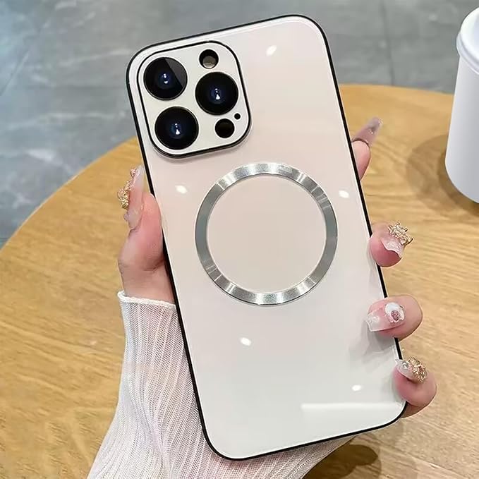 Guppy Compatible with iPhone 15 Pro Max Case Magnetic, with Full Camera Lens Protector [Compatible with MagSafe] Scratch Resistant Gradient Glass Back Cover Phone Case-White