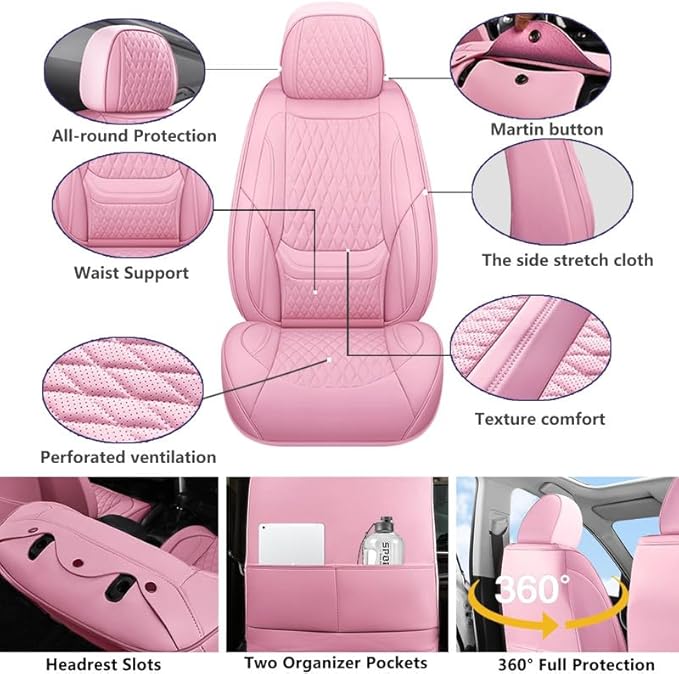 Car Seat Covers Full Set Custom Fit for Chevrolet/Chevy Captiva 2006-2018 - Premium Faux Leather with Lumbar Support | Breathable, Waterproof, Anti-Slip, Durable (Pink,Full Set)