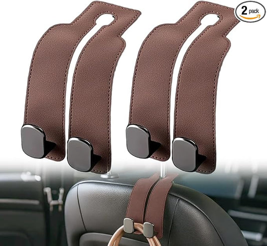 2026 New 2 in 1 Car Seat Back Storage Hook, Car Backseat Organizer Accessories, Premium Leather Headrest Hook for Auto Hooks Organizer for Handbag Purse Coat Bags (2, Brown)