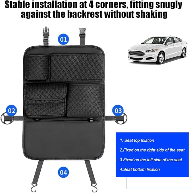 Car Backseat Organizer, 2PCS Leather Woven Multipurpose Vehicle Seat Back Protector with 4 Storage Pockets & Hook, Waterproof Automotive Kick Mat, Universal for SUV RV Truck (Gray)