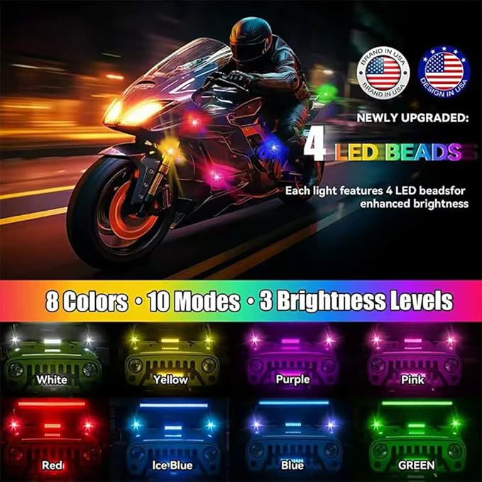 12PCS Upgraded 4LEDs Wireless LED Strobe Lights with Remote Control，High Brightness 8 Colors Type-C Interior Car Lights Anti-Collision Warning Lights for Car Interior Drone Bike Motorcycle