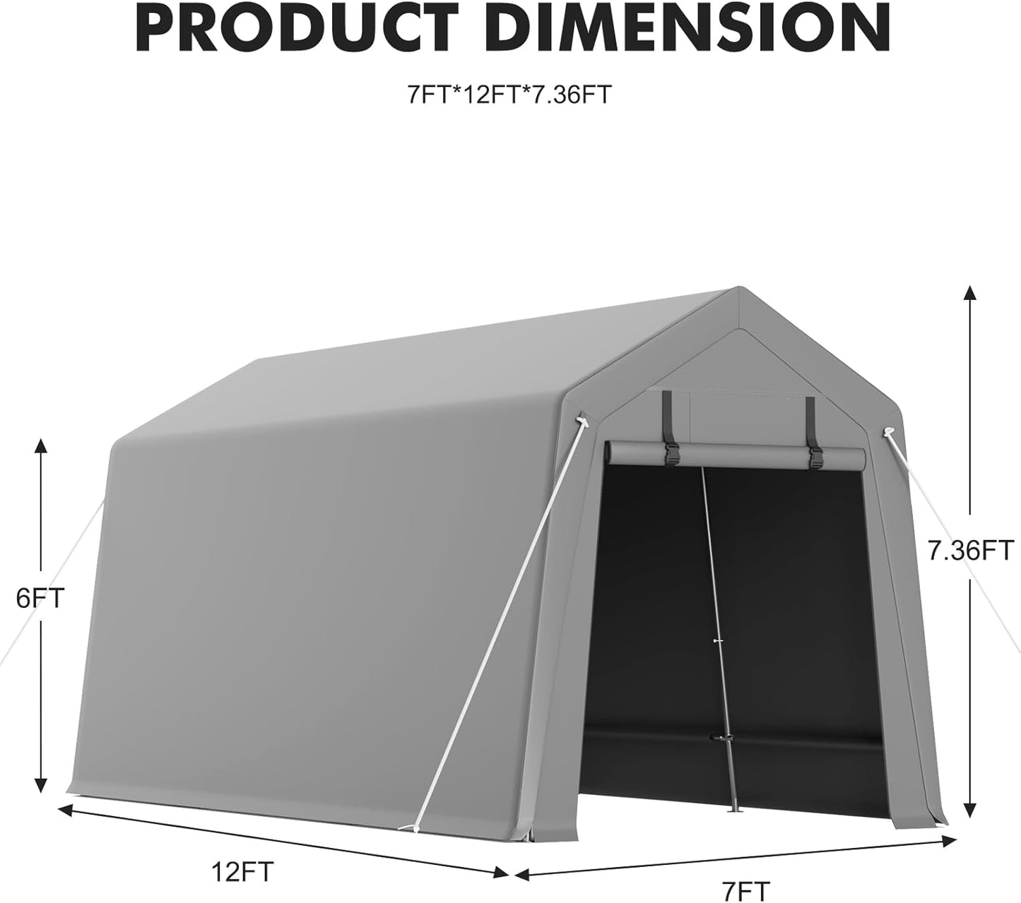 7 x 12 ft Carport Storage Shed, Portable Garage with Roll-up Zipper Door, Heavy Duty Waterproof Tarp, Storage for Motorcycle, Bike, Firewood, Garden Tools