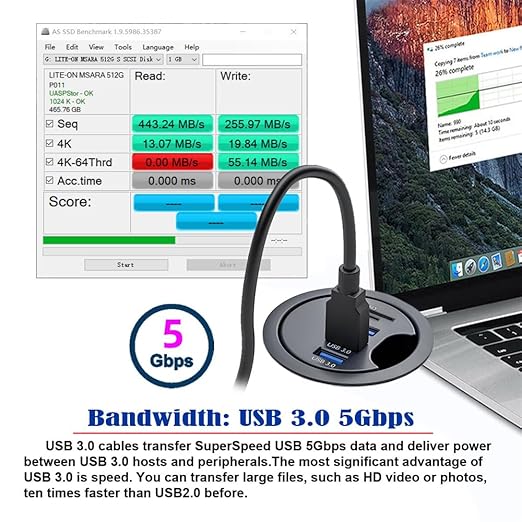 Xiwai USB 3.0 Hub Splitter, SD TF 3 Port USB Multiport Expander 60mm Desk Grommet Dock Station Micro-SD Card Reader for PC Desk Desktop