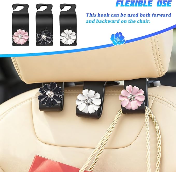 4PCS Bling Car Seat Headrest Hooks, Crystal Rhinestone Flower Vehicle Back Seat Hanger Holder Hook, Automotive Interior Hanging Storage Accessories for Purse Coats Bag, Universal Fit (Black)