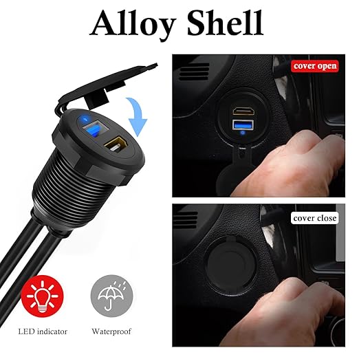 BATIGE USB 3.0 HDMI Car Mount Flush USB Port Cable, Alloy Shell HDMI USB3.0 Dash Panel Extension Cable with LED Indicator for Car Boat Motorcycle -3ft