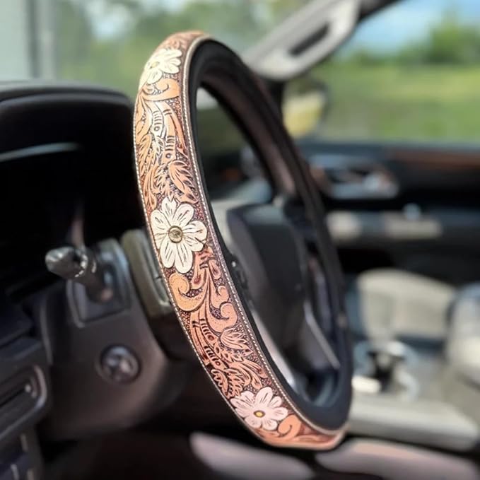 Western Steering Wheel Cover,Retro Western Cowboy Car Universal Steering Wheel Cover,Embossed Hand-Painted Leather Western Car Accessories, for Women Man, Anti-Slip Design Easy to Install (B)