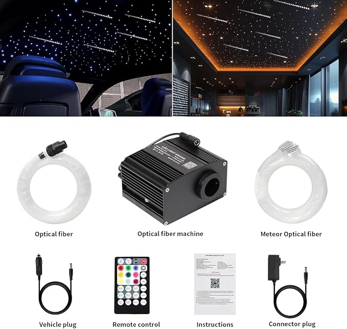AMKI 200pcs 0.03in 6.5ft Twinkle Starlight Headliner Kit, Updated 2 in 1 Twinkle+Meteor Fiber Optic Light Box RGBW Sound Activated Mode for Car& Home Decoration, 180pcs Pure White Shooting Star