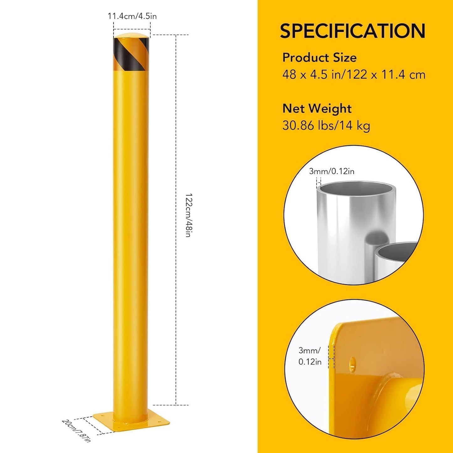 Safety Bollard, 4 Packs 48 Inch Metal Safety Bollard Post with 16 Anchor Bolts, 4.5 Inch Diameter Steel Safety Bollard for Driveway Barrier, Parking Pole,Traffic Control