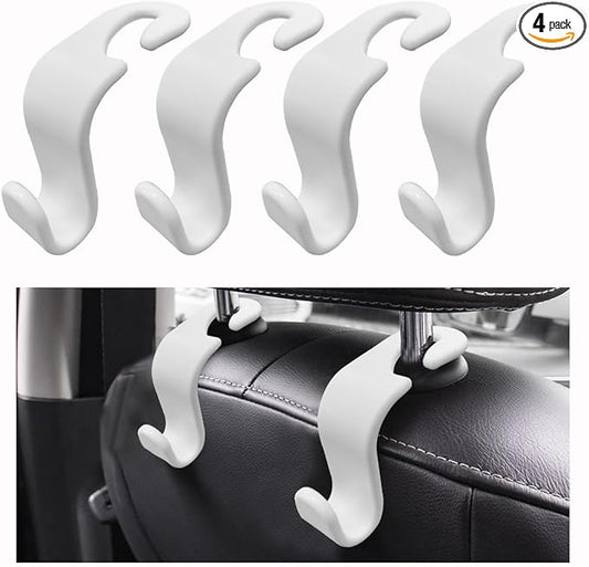 Ziciner Car Seat Headrest Hooks, 4 Pack Auto Durable Backseat Hangers Storage Organizer, Universal Vehicle Interior Holder Accessories for Purse, Grocery Bags, Handbag, Cloths ect (White)