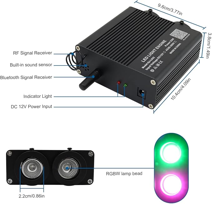 AKEPO Car Home Small Size 32W Dual-Port Different Color Music Activated Fiber Optic Lights, 600pcs of 0.03in 9.8ft Optical Fibers+RGBW Sound Activated Fiber Optic Star Headliner Ceiling Light Kit
