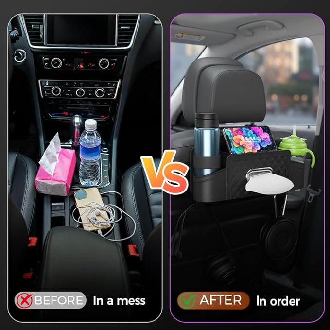 3-in-1 Car Backseat Organizer with Cup Holder Tissue Box and Hooks, Multifunctional Car Seat Back Storage Box, Car Headrest Backseat Organizer for Travel SUV Sedan Truck Car Accessories (Red)
