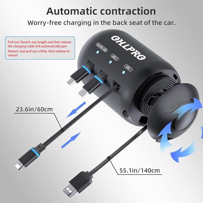 OHLPRO 3-in-1 Retractable Backseat Car Charging Station, 15W Fast Car Charger for All Phones (iPhone, Samsung), Ideal for Lyft, Turo, Uber, Taxi, Rideshare, Customer Charging Dock Attach to Headrest