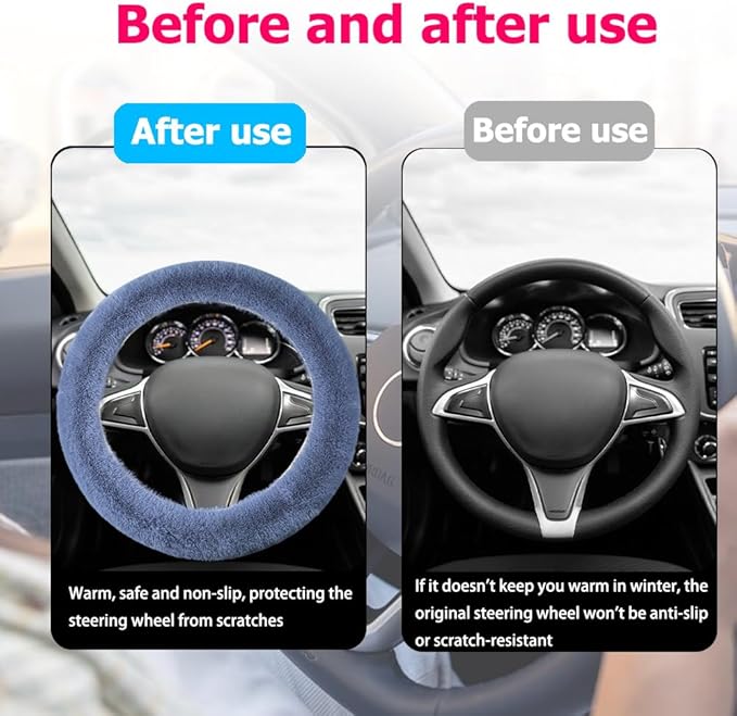 Fluffy Steering Wheel Cover, Winter Warm, Suitable for Most Car Steering Wheels in The 14-15 Inch Range (Grey, 1PCS)