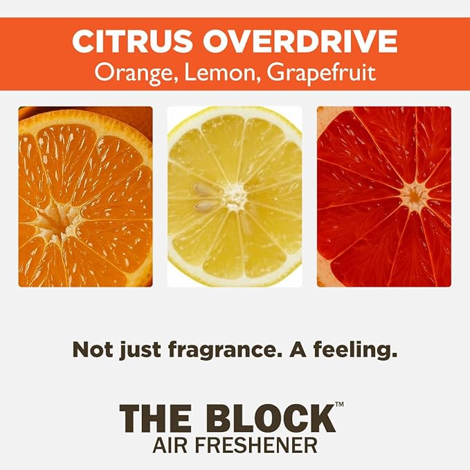 The Block - Wooden Car Air Freshener & Odor Eliminator - Long Lasting 30+ Day Scent - Car & Home Use - Fresh Gift Idea - Made in USA - Citrus Overdrive