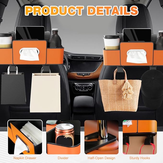 Back Seat Car Organizer,3 in 1 Car Backseat Storage Box with Cup Holder,Tissue Box,Trash Bin&Hooks,Multifunctional Waterproof Storage for Hold Phones Snacks Drinks Handbags (2, Orange)