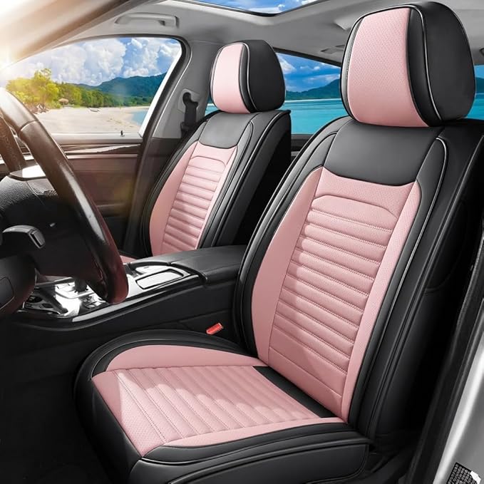 Car Seat Covers Full Set Fit for Toyota Matrix 2003-2014, Premium Faux Leather Car Seat Protector,Breathable Anti-Slip Full Wrapping Edge Seat Covers(Black&Pink,Full Set)