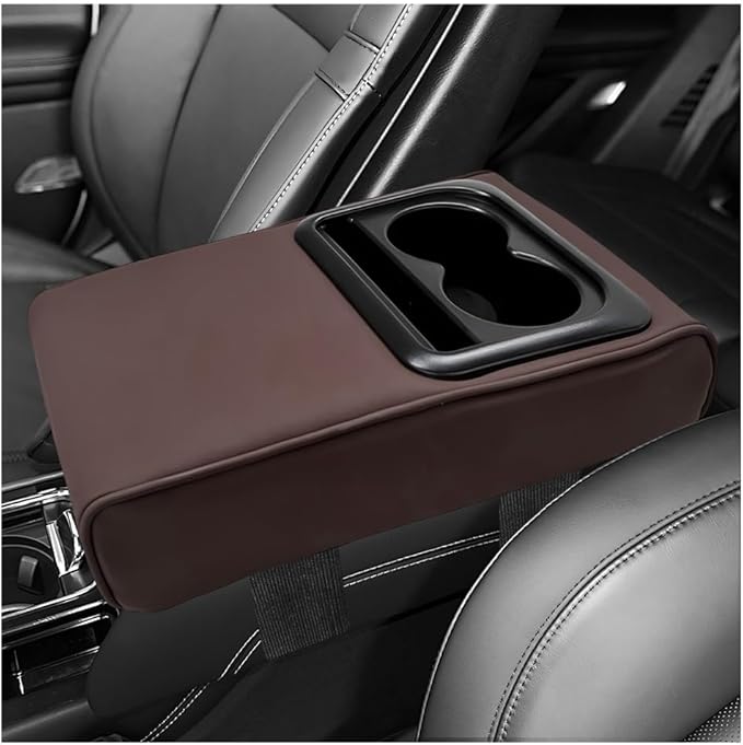 Car Center Console Armrest Pillow, 14"×8.3" Waterproof Leather Armrest Box Cover with Cup and Phone Holder, Soft Memory Foam Arm Rest Console Pad Protector for SUV Truck (Coffee, Glossy)