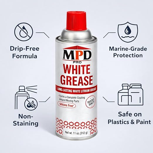 MPD PRO White Lithium Grease Spray, Marine-Grade Drip-Free Lubricant, Non-Staining High-Solid Formula for Garage Doors, Hinges, Chains & Automotive Use – 11 oz (1-Pack)