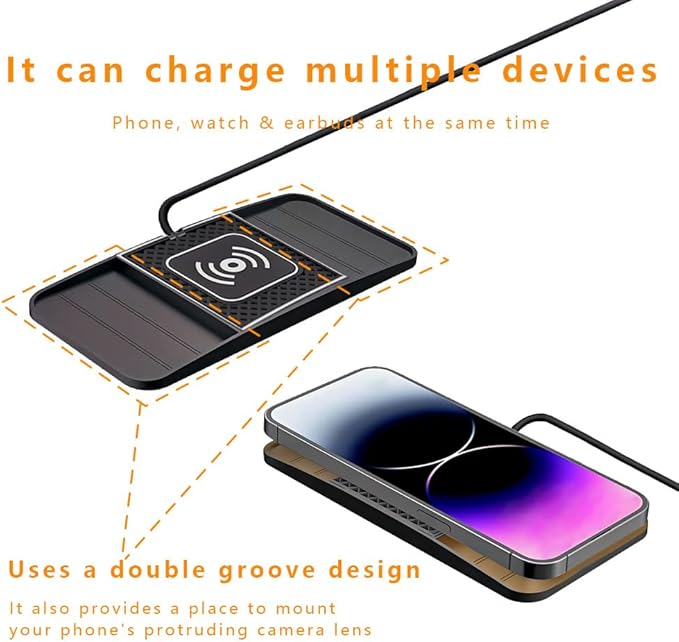 Wireless Charging Pad for Car for Kia Forte 2010-2024, DIY Trim-to-Fit Slim Non Slip Fast Charger Car Wireless Charging Pad 30CM Cable,A&30cm Type-C Plug Cable