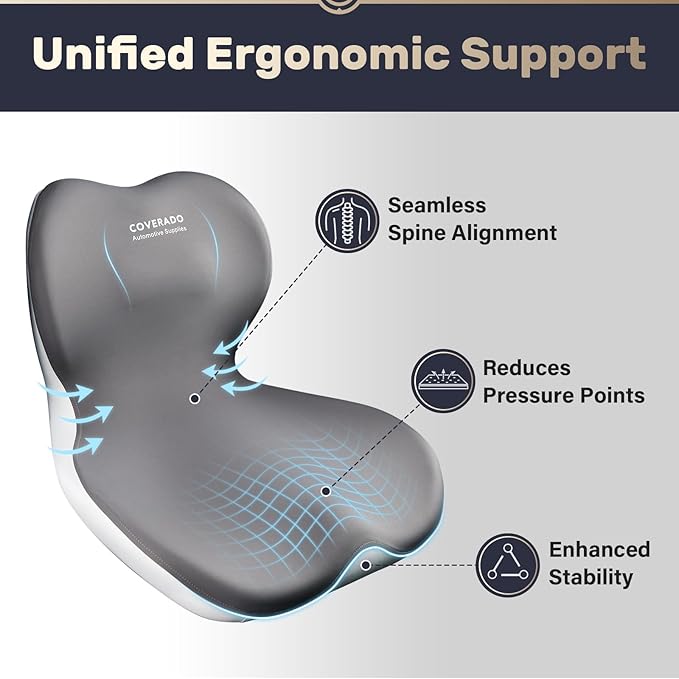 Coverado Car Seat Cushion and Lumbar Support Pillow One Piece, Memory Foam Ergonomic Back Support Driving Seat Cushion for Back Pain, Non-Slip Washable Cushion for Car, Driver, Office